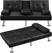 Convertible Sofa Bed Adjustable Couch Sleeper Modern Faux Leather Recliner Reversible Loveseat Folding Daybed Guest Bed, Removable Armrests, Cup Holders, 3 Angles, 772lb Capacity, Black - 黑色 - 查看 1