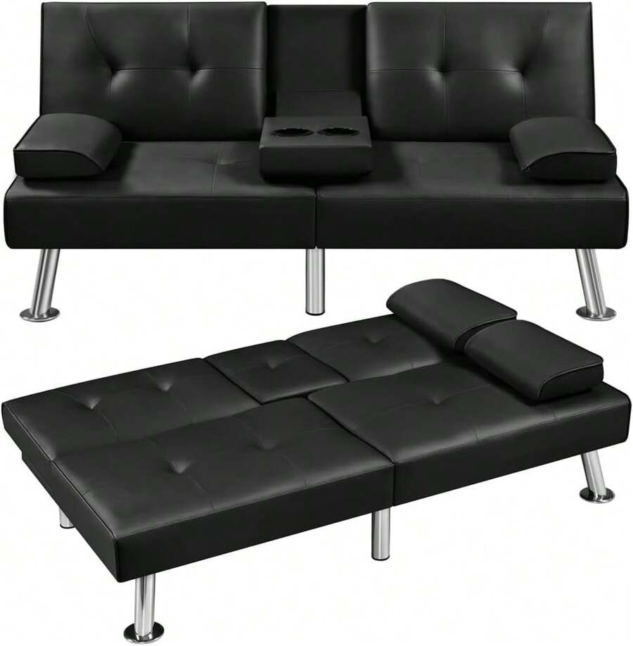 Convertible Sofa Bed Adjustable Couch Sleeper Modern Faux Leather Recliner Reversible Loveseat Folding Daybed Guest Bed, Removable Armrests, Cup Holders, 3 Angles, 772lb Capacity, Black - 黑色 - 查看 1