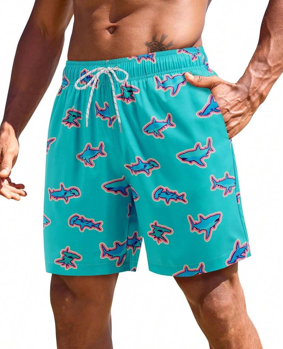 7inch Mens Swim Trunks: 2 In 1 With Compression Liner Stretch Quick Dry Drawstring Shark Pockets Beach Pool VacationA Valentine's Day 976M - Green Bottom Green Shark - View 1