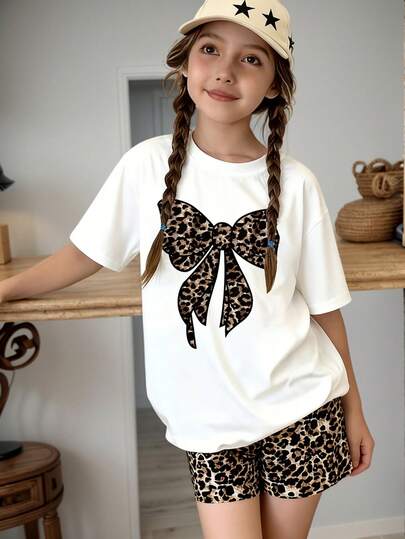 Tween Girls' Leopard Print Bow Graphic Round Neck Short Sleeve T-Shirt And Shorts Casual Set