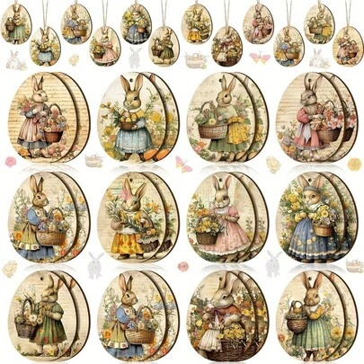 Set de 24 de decorațiuni vintage cu iepurași de Paște, decor festiv pentru petrecere, figurine drăguțe cu iepurași agățați, potrivite pentru brazii de Paște, decor pentru casă și clasă, decorațiuni interioare, ornamente, cadouri de ziua de naștere