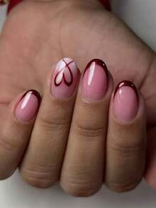 24片装短款椭圆心形和酒红色法式美甲贴片套装，包含：1片果冻胶和1个指甲锉，情人节美甲和法式美甲，适合女性和女孩，日常和派对美甲用品 - 彩色 - 查看 9