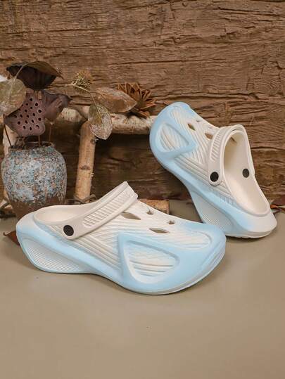 2026新款情侣透气镂空木屐，夏季户外沙滩鞋，3D印花条纹花卉图案，厚底厚底鞋