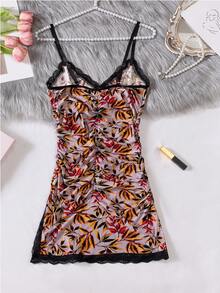 性感蕾丝牛奶树叶印花褶皱吊带睡裙 - 粉色 - 查看 7