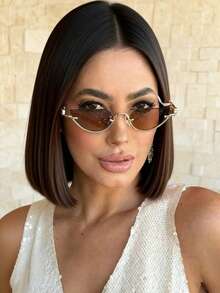 1pc Metal Half-Frame Semi-Round Retro Fashion Glasses , Versatile Suitable For Daily Wear, Driving, Street Photography, Vacation, Beach, Back To School Cat Eye Style - Gold Frame Brown - View 3