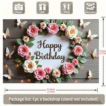 1 pièce Bannière plate 2D Joyeux anniversaire Toile de fond florale ronde, Accessoire de photographie polyvalent en polyester, Convient pour le salon, le bureau, la décoration de la maison/extérieure/de fête, cadeau de vacances - 1 pièce - Voir 4