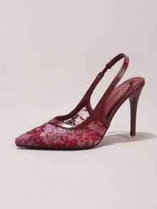时尚蕾丝刺绣高跟鞋，性感尖头晚宴派对鞋，超高跟踝带凉鞋，酒红色细高跟女鞋 - 酒紅色 - 查看 11