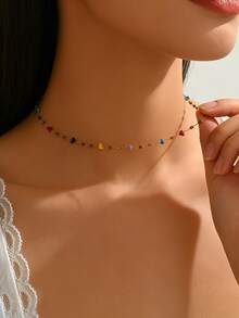 1pc Irregular Emerald Colourful Crystal Stone Stainless Steel Necklace Women's Fashionable Elegant Necklace, Lightweight Waterproof Versatile Choker Necklace For Daily Wear, Party, Date, And Vacation - Gold - View 2