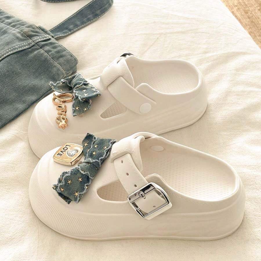 Summer Fashion Versatile Cute Bow Slip-On Casual Beach Sandals - White - View 1