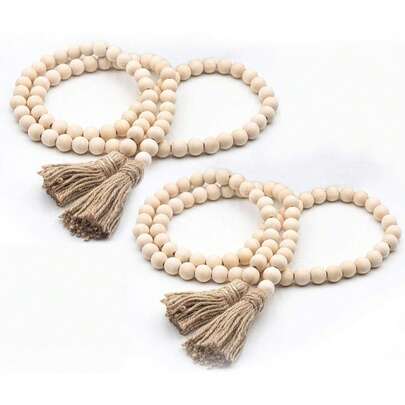 Dây trang trí hạt gỗ dài 60 inch có tua rua, chuỗi hạt cầu nguyện mộc mạc, phong cách Boho, thích hợp cho khay nhiều tầng kiểu nhà nông thôn, bàn cà phê, trang trí lò sưởi.