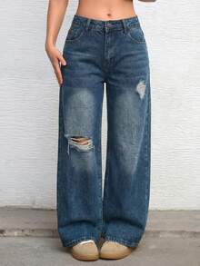 女士纽扣前袋经典宽松牛仔裤 - 霧霾藍 - 查看 2