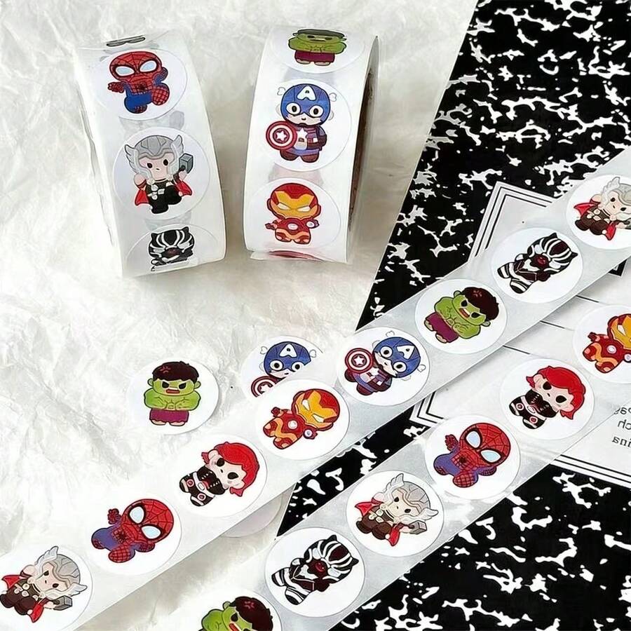 500张漫威超级英雄蜘蛛侠和钢铁侠贴纸，圆形贴纸，可用于DIY糖果袋装饰，适合作为生日、万圣节、圣诞节、毕业典礼和节日派对礼物。 - 彩色 - 查看 1