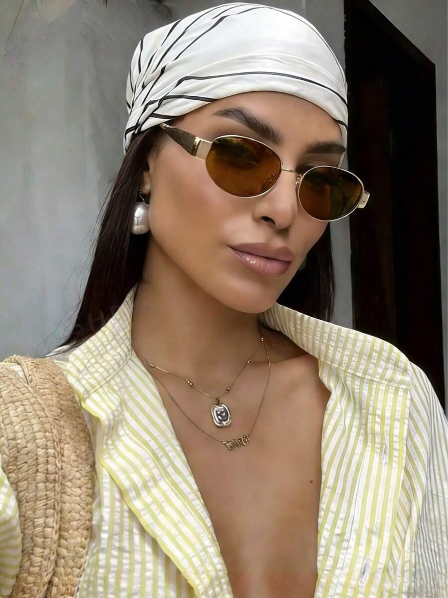 1 Pair Oval Petite Fashionable Women's Glasses, Retro Chic Fashion Glasses With Metal Frame In Black, Travel & Beach Accessory, Women's Autumn/Winter Essential, Business & Casual Gift - Brown - View 1