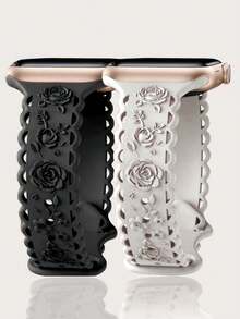 2条装纤薄蕾丝花卉雕刻硅胶表带，适用于 40mm/38mm/41mm/44mm/45mm/46mm/49mm/42mm表带，女士镂空压花柔软硅胶运动表带，兼容 SE Series 11/10/9/8/7/6/5/4/3/2/1 - 黑色和星光白 - 查看 18