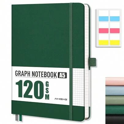 Graph Paper Notebook - Grid Notebook Journal A5, 120 GSM Thick Graph Paper, 160 Pages, Leather Hardcover, For Graphing, Writing, Math, Engineering, 5.75'' * 8.38''- Green