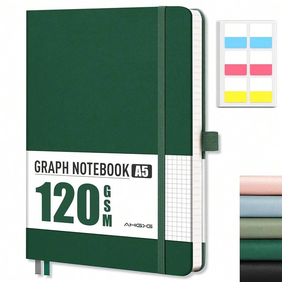 Graph Paper Notebook - Grid Notebook Journal A5, 120 GSM Thick Graph Paper, 160 Pages, Leather Hardcover, For Graphing, Writing, Math, Engineering, 5.75'' * 8.38''- Green - A5-graph-120GSMA5Graph120GSM - View 1