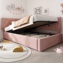 Single Bed 90x200cm, Sofa Bed With Hydraulic Storage, Velvet, Without Mattress, Multicolour Optional. - Pink - View 2