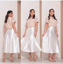 Women's Skirt, Formal Skirt, A-Line Satin Midi Skirt, Elegant Skirt, Stylish, Asymmetrical. - 白色 - 查看 1