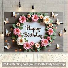 1 pièce Bannière plate 2D Joyeux anniversaire Toile de fond florale ronde, Accessoire de photographie polyvalent en polyester, Convient pour le salon, le bureau, la décoration de la maison/extérieure/de fête, cadeau de vacances - 1 pièce - Voir 7