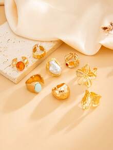 8件套波西米亚几何不规则花朵巴洛克仿珍珠水钻镶嵌时尚戒指套装，奢华优雅，日常、节日、派对珠宝礼品，女士之选 - 戒指 - 查看 6