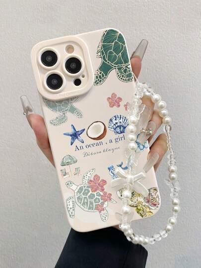 Capa de Telefone Minimalista e à Prova de Choque com Pingente de Pulseira Pintada Perfurada Bege e Vida Marinha Colorida, Compatível com iPhone 17/17Pro/17ProMax/16/11/16Pro/16Plus/16ProMax/16E/15ProMax/13/14/12/XS/XR/7G/8P, Compatível com Samsung Galaxy S25/S25Plus/S25 Ultra/A16/A36/A26/A56/A50/A12/A32