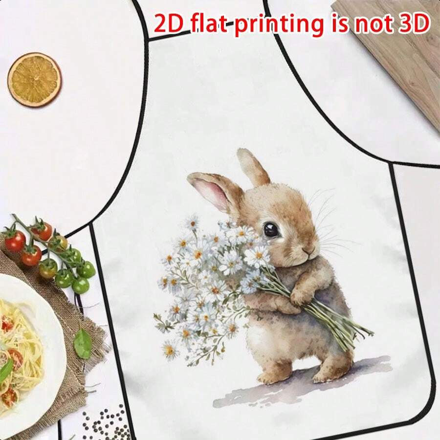 1pc Easter White Watercolor Floral Bunny Apron, Fawn Bunny + Daisy Bouquet Decor, Healing Vibe, Durable Cooking Apron Suitable For Bakers, Cake Decorators, BBQ Enthusiasts, Gardeners, Painters, Nail Artists - Perfect Gift For Home And Professional Chefs - Multicolor - View 1