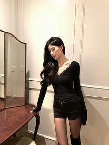 高腰双扣竖条纹卡其色短裤 | 通勤/街头风/女友约会 性感成熟弹力修身短裤，冬季叠穿/早春外套，都市女孩必备日系黑色夏季单品 - 黑色 - 查看 10