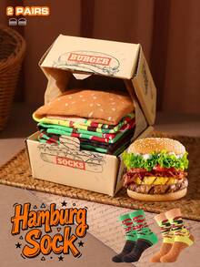 2 paia di calzini a mezza gamba multicolore, design unisex per coppie, calzini morbidi a tema hamburger, design creativo ispirato al cibo, comodi e versatili, adatti per compleanni, San Valentino, Pasqua, Ramadan, appuntamenti, riunioni di famiglia