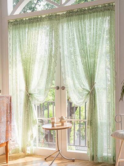 1pc Green Rose Lace Curtain Valance, Short Curtain, Drape, Cafe Curtain, Vintage Romantic Style, Sheer, Made Of Polyester Fiber, Suitable For Bedroom, Room, Living Room, Kitchen, Office, Cafe And Home Decor