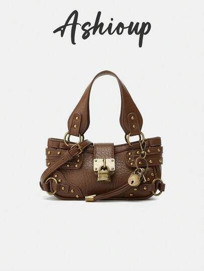 Damen Nieten Schultertasche, Lederhandtasche, Y2K Baddie gewaschene Tasche, Henkeltasche, verstellbarer Schultergurt, Vintage Schloss Verschluss