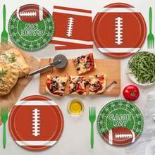 96 Pieces Game Day Football Tableware Set Disposable Plates Napkins And Forks With Football And Field Designs For Tailgate Parties Sports Events And Super Sunday Celebrations Serves 24 Guests - 棕綠色 - 查看 4
