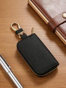 1pc Universal Black Car Key Protector Cover, Scratch-Resistant Leather, Fits 95% Vehicle Remote Keys, Metal Hook For Portable Storage - 3 - View 2