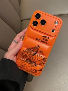 Never Stop Exploring Inspirational Slogan Design, Fashionable Down Jacket Texture Orange Phone Case Compatible With IPhone, Perfect Birthday Or Holiday Gift For Boys And Girls - Orange - View 2