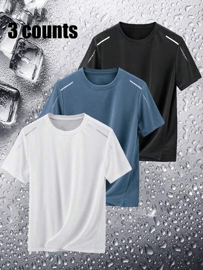 Boyfriend Style Men Three-Piece Summer Short-Sleeved Round Neck Mesh Breathable Loose Stretch Sports T-Shirt