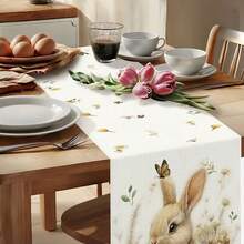 1 buc. Șervețel de masă cu iepuraș de Paște fericit și ou floral, decor de primăvară sezonier cu design drăguț de iepure, floarea-soarelui și fluture, potrivit pentru mese de sărbători, decor pentru casă sau cadouri, accesorii pentru iepurași - Multicolor 3 - Vizualizare 3