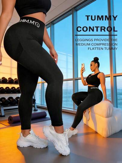Plus Size Yoga Pants, All Season, Black, Seamless Letter Design Slim Fit. Four-Way Stretch Compression Pants Suitable For Running, Cycling, Yoga, Pickleball, Workout And Daily Wear. High Density High Elasticity Fabric Provides Comfort And Free Movement. Suitable For All Seasons, Machine Washable Or Dry Clean.