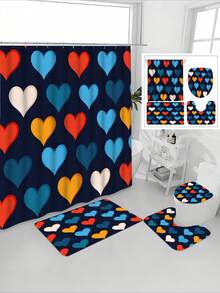 4pcs/Set Heart & Plaid Print Shower Curtain Set, Bathroom Partition Curtain With Hooks, Non-Slip Bathroom Mat Carpet, U-Shaped Toilet Mat, Toilet Seat Cover, Holiday Party Home Bathroom Accessories 4pcs Shower Curtain Set - Multicolor - View 6
