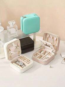 Minimalist Jewelry Box, Portable PU Material Jewelry Case, Summer Travel Jewelry Storage Box, Mini Jewelry Organizer Box For Earrings, Necklaces, Rings, Jewelry Display And Storage, Large Capacity Jewelry Holder, Suitable For Earrings, Rings, Necklaces, Bracelets, Nail Art, Gifts For Mother's Day, Christmas, Halloween, Women For Women Storage Organizer Travel Essentials Back To School Dormitory Storage - màu đen - Xem 7