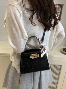 Crocodile Embossed Scarf Decor Flap Cover Handbag, Solid Color Embossed Tote Bag With Fashionable Metal Lock Decor, Mini Shoulder Crossbody Bag For Home, Shopping, Commuting - Black - View 6