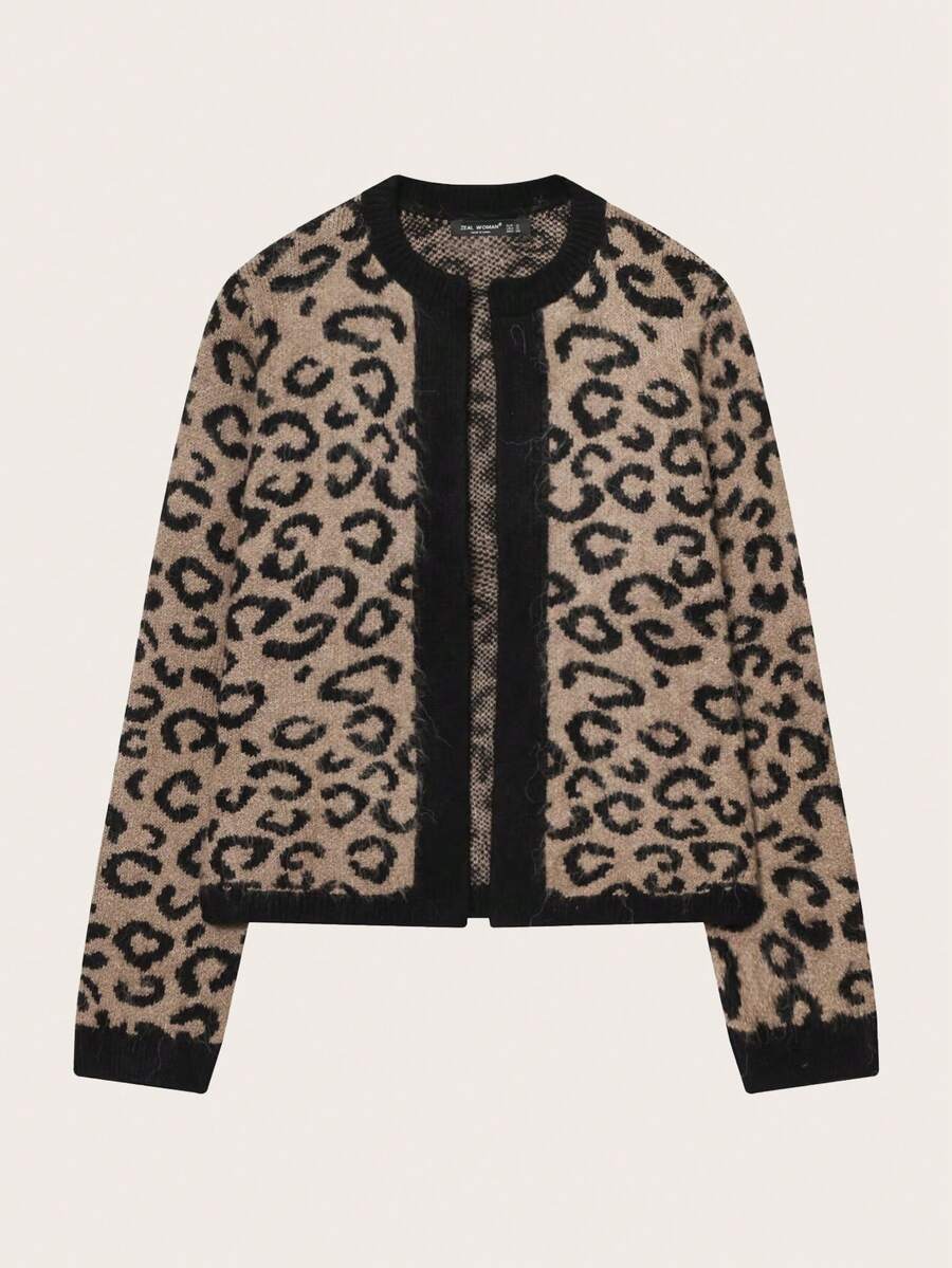 Leopard Jacquard Knit Cardigan, Autumn/Winter - Mocha Brown - View 1
