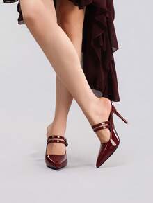 时尚穆勒高跟鞋，性感尖头超高跟派对鞋，细跟酒红色女士套脚凉鞋 - 酒紅色 - 查看 7
