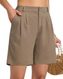 Women's Linen Shorts Dress Casual Wide Leg Summer Pleated Shorts High Waisted With Pockets 10A Valentine's Day 125J - 卡其色 - 查看 3