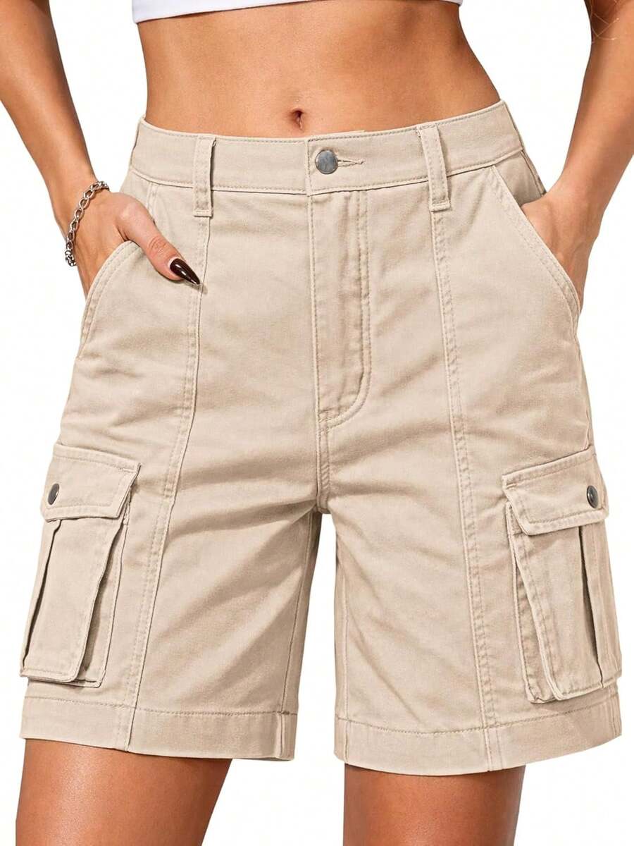 ELLEVEN Bermuda Cargo Shorts Women, Elastic High Waist 6 Pockets Shorts Inch Inseam Summer Jorts Women CasualA Valentine's Day 4RIF - 米色 - 查看 1