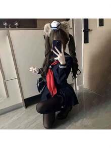1pc Japanese Style Petite Fitted School Sailor Uniform 3 Pieces Set With Long Sleeve, Collar Tie, Suitable For Casual Wear Or Photo Shoot - Multicolor - View 5