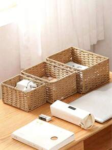 1pc Beige Wicker Storage Basket, Handwoven Rattan Basket, Portable Rattan Storage Box, Handmade Organizer Basket, Gift Basket, Bedroom/Dorm Storage, Home Decor, Suitable For Valentine's Day, Halloween, Christmas Gifts - Multicolor - View 4