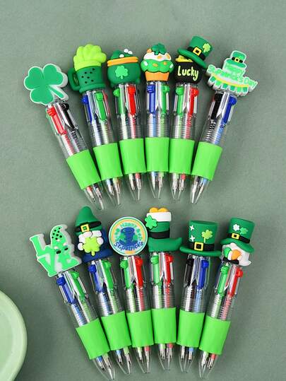 12/24pcs St. Patrick's Day 2026 Clover Pen Set, Random Cute Black Ballpoint Pens, Suitable For Back To School, Birthday Gifts, Home And Office Supplies Filler