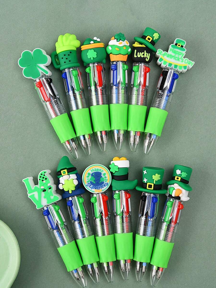 12/24pcs St. Patrick's Day 2026 Clover Pen Set, Random Cute Black Ballpoint Pens, Suitable For Back To School, Birthday Gifts, Home And Office Supplies Filler - Multicolor - View 1