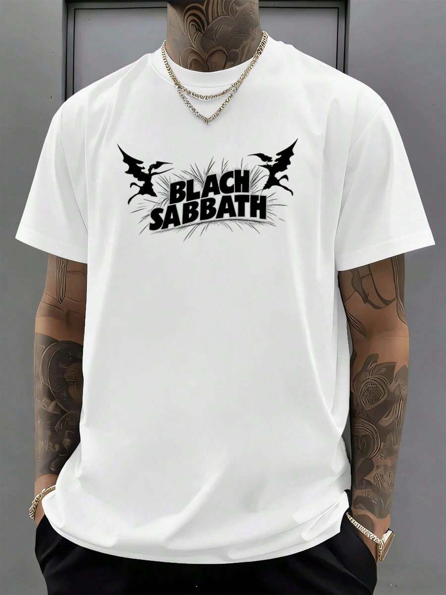 Black Sabb Ath Band T-Shirt, Gothic Rock Style, Crew Neck, Relaxed Fit, Casual, Statement Print - trắng - Xem 1