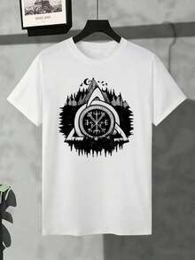 Viking Compass Outdoor Nature Graphic T-Shirt, 100% Cotton, Relaxed Fit, Casual, Art Print - White - View 2