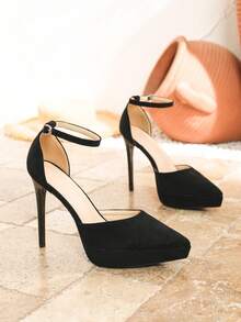 Women's Fashion Sexy Stiletto Thick Bottom Open Toe Sandals, Spring/Summer New Platform Shoes, Pointed Toe Hollow Out Buckle Strap Nightclub Party Dress Pumps, Comfortable Casual Vacation Office Commute Black Suede Heels - Black - View 6
